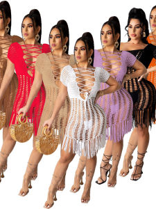 ชุดเดรสชายหาดแบบมีรูพรุน ชุดเดรสยาวปานกลาง ทรงเอ แขนกุด คอวี กระโปรงทรงเอ ผ้าฝ้ายผสมโพลีเอสเตอร์ ฤดูร้อน 2022