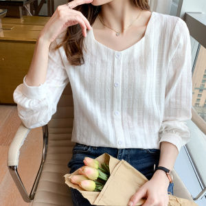 Slim Fit Cotton Linen Shirt Womens Autumn Fashion French Bubble Sleeve Neckline Square Top Thin Style Button up Long Sleeve