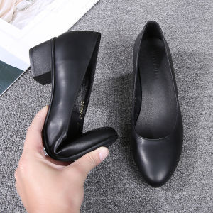 Black Formal Air Stewardess High Heels Womens Comfortable Soft Leather Shoes round Toe Chunky Heel Bank Staff Fashionable Single Shoes