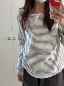 Retro Korean Style Long Sleeve Striped T-Shirt Womens Loose Fit Casual Henry Collar Top Breathable Cotton Casual Wear