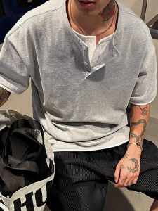 American Retro V-neck Short Sleeve Loose Fit Mens T-shirt Summer Korean Style Simple Versatile Half Sleeve Cotton Tee