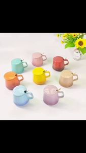 Cabify Ceramic 350ml Gradient Multipurpose Colored Cup Coffee Mug with Lid and Metal Spoon