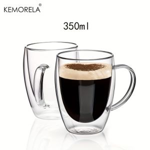 2/4/6PCS 350ML Double Wall Glass Coffee Mug With Handle Transparent Glass Cappuccino Cup Coffee Milk Tea Juice Tea Cup