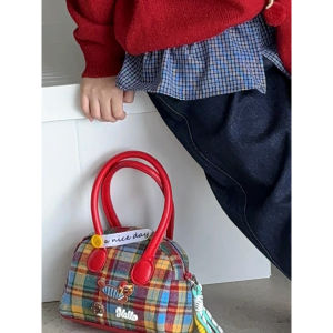 Retro Plaid Girls Shoulder Bag Medium Large Childrens Handbag Crossbody Bag Soft Square Shape Zipper Closure Fashionable Kids Bag