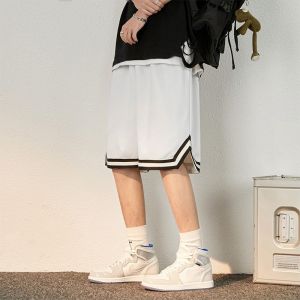 Mens Summer Basketball Sport Loose Ice Silk Casual Pants Breathable Five-Quarter Length Trousers Comfortable Polyester Fiber