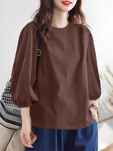 Womens Cotton Lantern Sleeve Seven-Foot T-Shirt Loose Design Slimming round Neck Simple Basic Style Autumn New Arrival