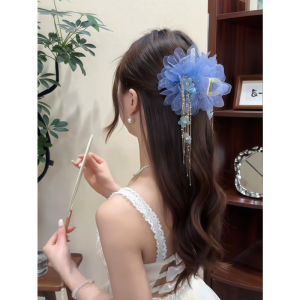 กิ๊บติดผมดอกบัวปูนเนื้อผ้าตาข่ายพร้อมโบว์สำหรับผู้หญิง ทรงหางฉลาม กิ๊บติดผมแบบอ่อนๆ หรูหรา ที่คาดผมสไตล์เกาหลี