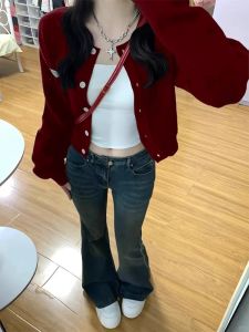 Niche Style Red Inner Sweater Sweater Womens Autumn Stylish Lazy Style Long Sleeve Tops Short Cardigan Coat