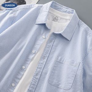 DUKEEN | Áo Sơ Mi Nam Mùa Hè Cổ Trụ Tay Ngắn Đọc Sọc Xanh Trắng