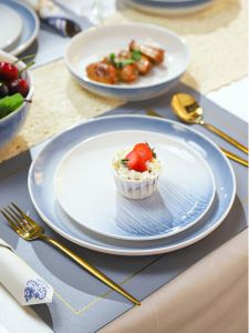 ชามจานเซรามิคสีน้ำเงินสไตล์ยุโรป ชุดเครื่องครัวสุดหรู ลายเมฆ ชามจานลายเรียบง่าย ชามจานสำหรับใช้ในบ้าน