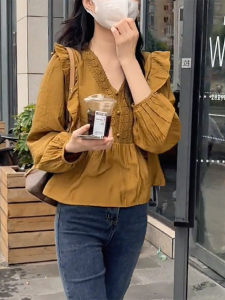 QINGNAER | French Retro V-Neck Long Sleeve Shirt Oversized
