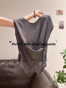 Irregular Round Neck Sleeveless Waist Slimming Gray T-Shirt