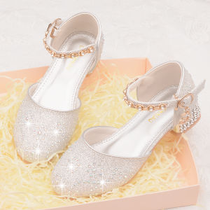 Giày Cao Gót Bé Gái Xăng Đan Bít Mũi Trẻ Em Công Chúa Giày Da Đá Quý Giày Thủy Tinh Trẻ Em Đế Mềm Màu Trắng Phối Váy Voan