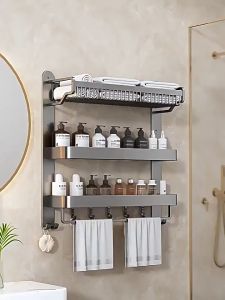 ARTHUR Gun ash Bathroom Rack Stainless Steel Towel Rack Wall Mounted Space Storage Hanger Shelf Rack With Hooks Bathroom Towel Rack Multifunctional storage basket