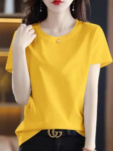 Áo Thun Cotton Tay Ngắn Mùa Hè Cho Nữ Dáng Rộng Cổ Tròn Thời Trang Màu Trơn Chất Liệu Cotton Thoáng Khí Thoải Mái Mặc Thường Ngày