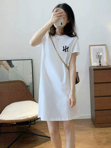 Slim Fit Long T-Shirt Dress Womens Summer New Style White Short Sleeve round Neck Cotton Commute Style Butt Covering Dress