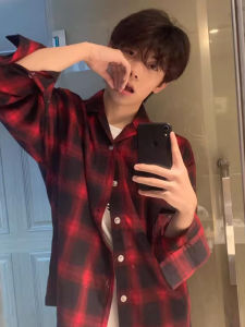 American Retro Wear Red Gingham Shirt Mens Fancy Handsome Shirt Vintage Casual Outwear Fashion