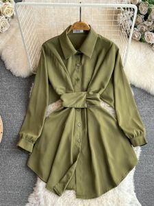 Spring and Autumn Korean Style Ladies Temperament Long Sleeve Lapel and Waist Tight Slim Looking Tunic Single-Breasted A- line Shirt Dress Women