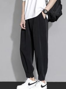 Ice Silk Thin Mens Summer Pants Loose Fit Casual Trousers Quick Dry Elastic Waist Long Pants Harajuku Style Basic Color