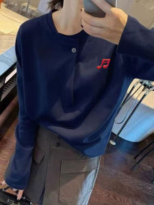 เสื้อยืดคอกลมแขนยาวผู้หญิง สีน้ำเงินเข้ม ทรงหลวม ดีไซน์รูปโน๊ตดนตรี ทรงพอดีตัว เสื้อชั้นในสไตล์เกาหลี