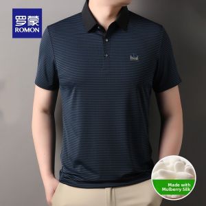 ROMON | Fall New Style Loose Business Collar Casual Stripe Polo Shirt