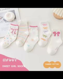 5 Pairs Bow Ties Kids Girls Mid-calf Socks Sweet Selected Combed Cotton Solid Breathable Comfortable Childrens Socks for Girls