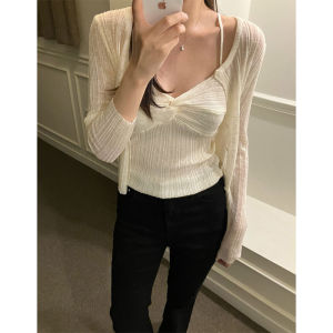 Korean Style Long Sleeve Ice Silk Knitted Cardigan Top Womens Fashion Versatile Short Length Sun Protection Two-Piece Set