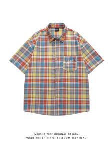 เสื้อเชิ้ตแขนสั้นลายสก็อตปักลายสไตล์ย้อนยุคแบบอเมริกันสำหรับฤดูร้อน ทรงหลวมๆ ลำลอง สำหรับผู้ชายและผู้หญิง