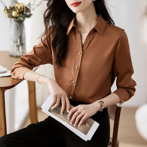 AMMIN 2023 Autumn new simple lapel fashion solid color OL long sleeve commuter chiffon shirt Female Korean style single breasted raglan sleeve elegant blouse