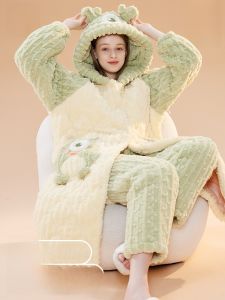 MiiOW | Thickened Coral Fleece Kimono Cat Person Three-Layer Cotton Womens Long Sleepwear Winter Home Clothes Polyester Fiber