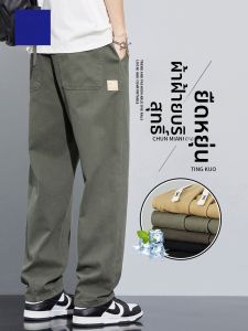 ROMON | กางเกงลำลองผู้ชายผ้าฝ้ายแท้ฤดูร้อนบางหลวมขาตรง กางเกงขายาวผ้าไหมน้ำแข็ง รัดรูป ทรงหลวม กางเกงขายาวสำหรับผู้ชาย