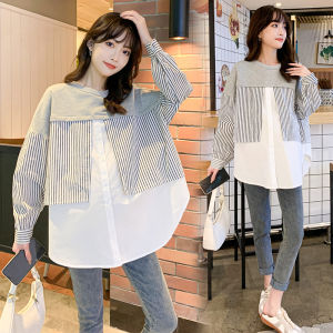 Maternity Clothes Spring Striped Stitching Faux Two-Piece Set Shirt New Spring and Autumn round Neck Loose All-Matching Hoodie Female Fashion Mom
