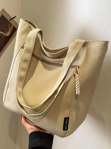 Trendy Large Capacity Canvas Tote Bag Womens Shoulder Bag Autumn Fashion High Quality All-Match Casual Pure Color Zipper Closure