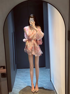 High Waist Summer Chiffon Dress with Lantern Sleeves V-Neck Floral Print Waist Tape Elastic Waistband Sun Protection