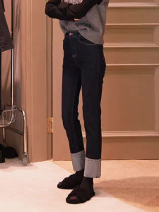 Zhang Yuan Yi Womens High Waist Slim Straight Denim Jeans Autumn Style Commute Wind Cuffed Smoke Tube Pants