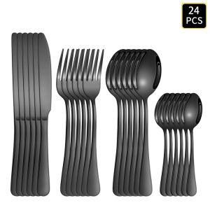 4/6/16/24pcs Black stainless steel cutlery 1010 round handle knife fork and spoon cutlery set suitable for home and hotel