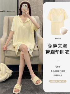 ฤดูร้อน ผู้หญิง ชุดนอน มีแผ่นรองหน้าอก Pure ผ้าฝ้าย Modal Thin ปกเสื้อ Cool Feeling Home Clothes Short Sleeve กางเกง