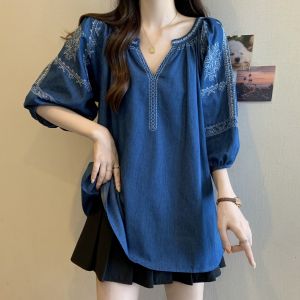 Summer Thin Short Sleeve Denim Shirt Womens Handmade Embroidery Large Size Top Sweet Style Half Open Collar T-shirt Polyester Fiber