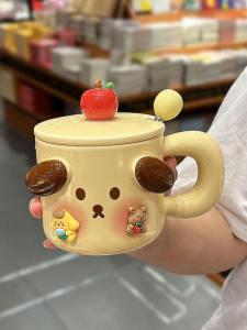Ceramic Mug with Lid And Spoon Cute Pig Breakfast Milk Cup Creative Pudding Dog Design Office Coffee Cup Home Use Versatile Mug