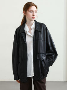 Miccbeirn | เสื้อแจ็คเก็ตหนังแกะแท้ 100% สไตล์ย้อนยุค สปอร์ต ลำลอง เทรนด์แฟชั่นฤดูใบไม้ร่วง ทรงหลวม แขนยาว ซิป