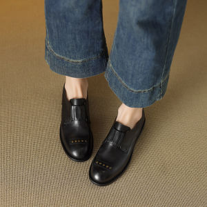 Non-Luxury Feichi Genuine Leather Low-Heel Slip-On Round-Toe Womens Flats Fashionable Comfortable Casual Shoes for Young Women
