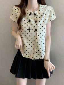 Doll Collar Short Sleeve Blouse Slimming Polka Dot