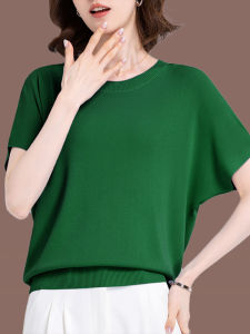 Silk Short Sleeve Womens T-Shirt Batwing Sleeve Ice Silk True Silk Korean Style Fashionable Summer Clothing round Neck Short Length