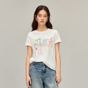 INMAN | Linen Cotton Loose Bow Print T-Shirt Long Sleeve
