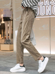 กางเกงขายาวทรงตรงเอวสูงผ้ายืดคอร์ดูรอยสีดำ กางเกงขายาวทรงหลวมสำหรับผู้หญิง กางเกงขายาวทรงตรงสำหรับฤดูใบไม้ร่วงและฤดูหนาว