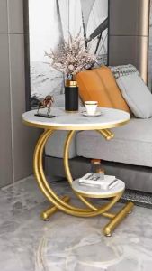 Kệ bàn góc Sofa phòng khách 2 mặt đá tròn chân kim loại kiểu chữ C BG-27 sang trọng hiện đại