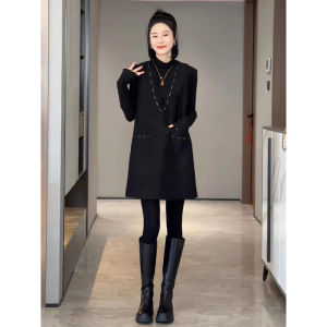 French Elegant Woolen Dress Womens Autumn Winter Two-Piece Set Vest Skirt Ensemble Fashionable High-End Sensation Long Sleeve V-Neck