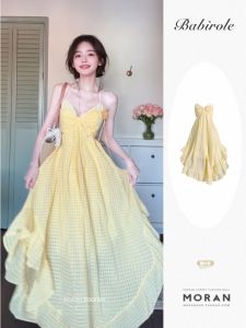 Váy Dài Không Dây Màu Vàng Mùa Hè Bãi Biển Váy Midi Không Dây Eo Cao Cho Nữ Váy Mùa Hè Không Tay Dài Vừa Phải