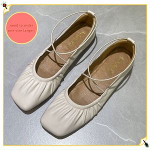 Vintage Mary Jane Shoes Female Square Toe Low-Cut Soft Leather Soft Bottom Cross Lace-up Shoes Flat Bottom Ballet Shoes