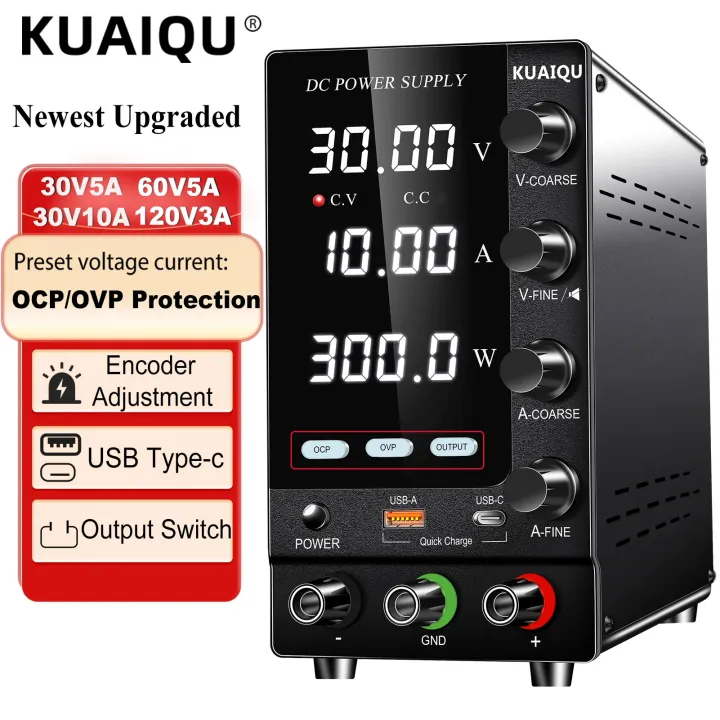 Switching DC Power Supply 30V 10A USB-A USB-C Adjustable Laboratory Bench Power Supply 60v 5a Regulator 220V ac to dc for phone repair,battery charging